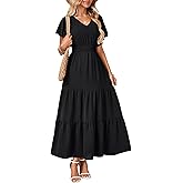 LYANER Women's Tiered V Neck Ruffle Sleeve A Line Ruched Elastic Waist Elegant Long Dress