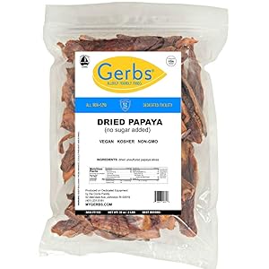 GERBS Unsweetened Dried Papaya Slices, 32 ounce Bag, Unsulfured, Preservative, Top 14 Food Allergy Free