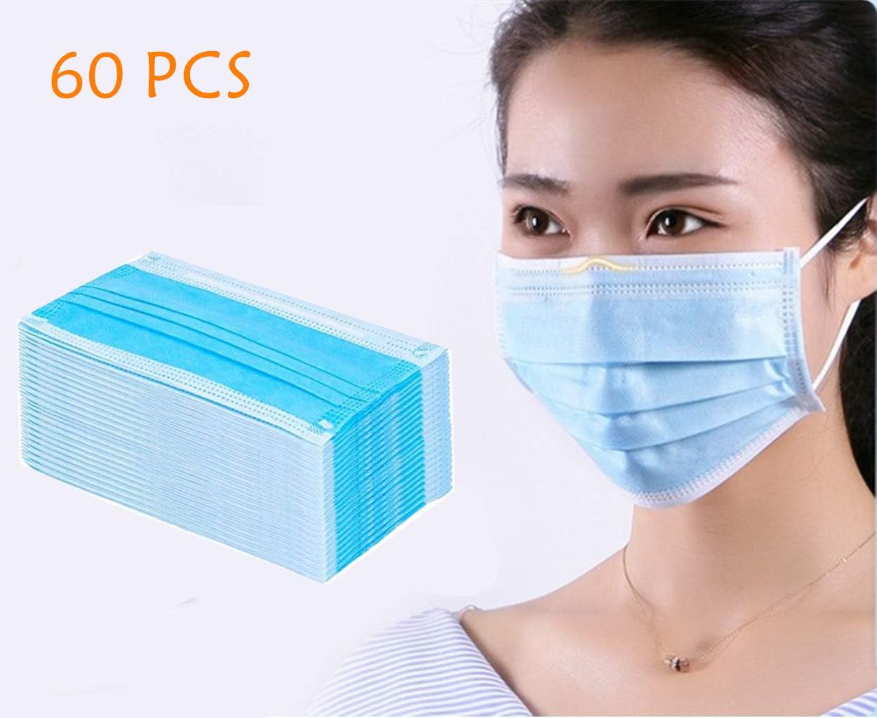 Aisence 60 Pieces 3-Layer Disposable Face Ma-sk Adult Anti-fog Haze Dustproof Non-Woven Fabrics Ma-sk