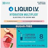 Liquid I.V. Hydration Multiplier Sugar Free Variety Pack, 30 Servings - White Peach and Strawberry Watermelon |Electrolyte Drink Mix | Easy Open Single-Serving Sticks| Non-GMO