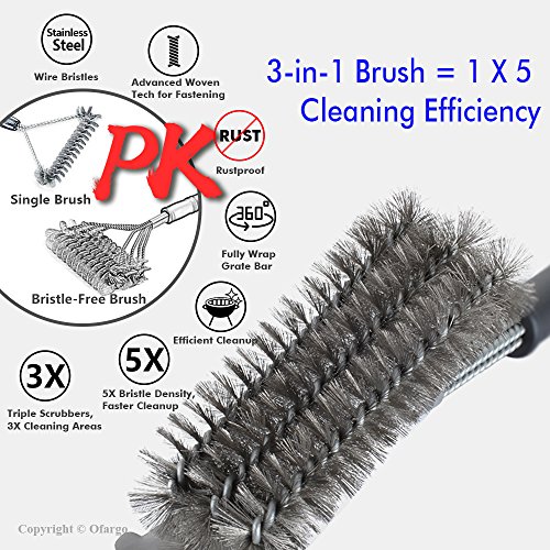 Ofargo Grill Brush and Scraper, Heavy Duty 3-in-1 Stainless Steel Woven Wire Bristles BBQ Cleaner Brush with Strength Clips for Cleaning Weber, Traeger, Char Broil, Kamado Grill Grates (18â€™â€™ Handle)