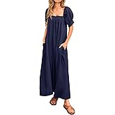 KIRUNDO Women 2026 Summer Maxi Dress Casual Loose Puff Sleeve Square Neck Maternity Flowy Long Beach Dresses with Pockets