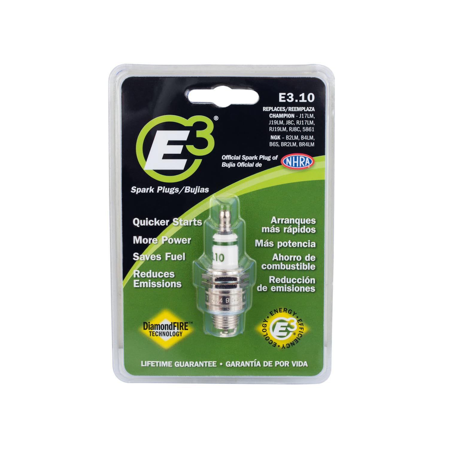 E3.10 Premium Lawn & Garden Spark Plug with DiamondFIRE Tech | 14mm, 0.375" Reach, Gasket Seat