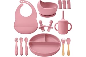 LITTLE RAWR Silicone Baby Feeding Set 14 Pcs,Baby Led Weaning Supplies, Baby Spoons Suction Bowl Divided Plate Bib Cup Finger Brush,First Stage Solid Food Eating Utensils - 6+ Months(Deep Red)