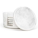 UrbanFocal Marble Coaster Set of 6-3.7" Round Marble Drink Coasters, Cork Backing Non-Slip, Office Protect Tables from Stains and Scratches, White