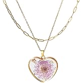 Lit Wall Birth Flower Necklaces for Women Gold 2Pcs 18K Gold Plated Handmade Pressed Flower Necklace Heart Shaped Birth Month Flower Necklace Flower Pendant Necklace Birthday Gifts for Women