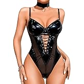 Kaei&Shi Rave Outfits Bodysuit Tops, Fishnet Corset Body Suit, Sexy Lingerie For Women, Faux Leather Festival Goth