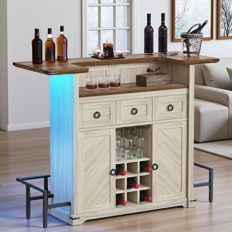 Photo 1 of DWVO Home Bar Table Unit Cabinet with LED Lights & Drawer, 12-Glass Holder & Adjustable Wine Storage, Farmhouse Mini Bar Unit with Footrest for Living & Dining Room, Off White+Walnut Grain