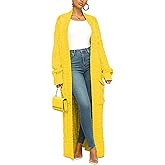 Tcremisa Long Cable Knit Cardigans for Women Chunky Open Front Maxi Sweater Coat Loose Dual Pocket Winter Outwear
