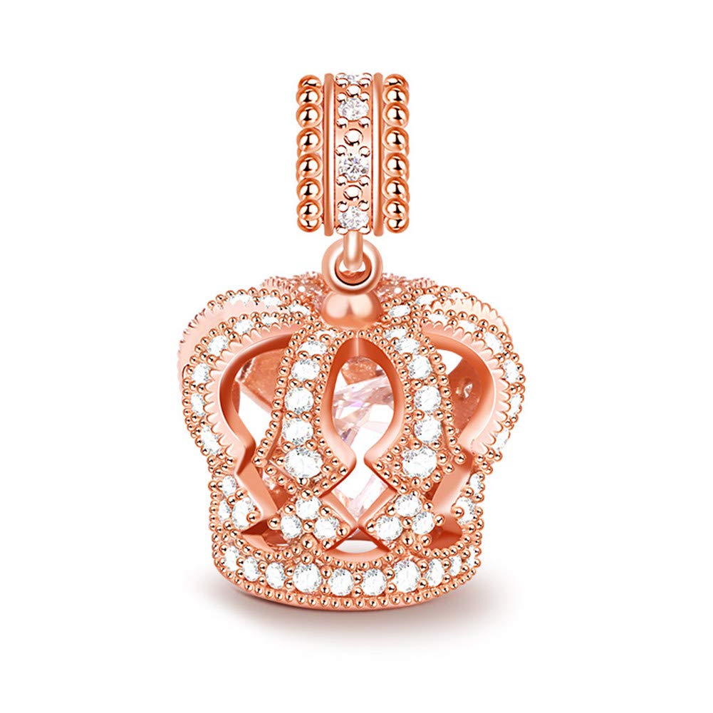GNOCE Crown Charms 925 Sterling Silver "You are The Queen" Pendant Charm 18K Rose Gold with Cz Crown Bead Fit All Bracelet Necklace