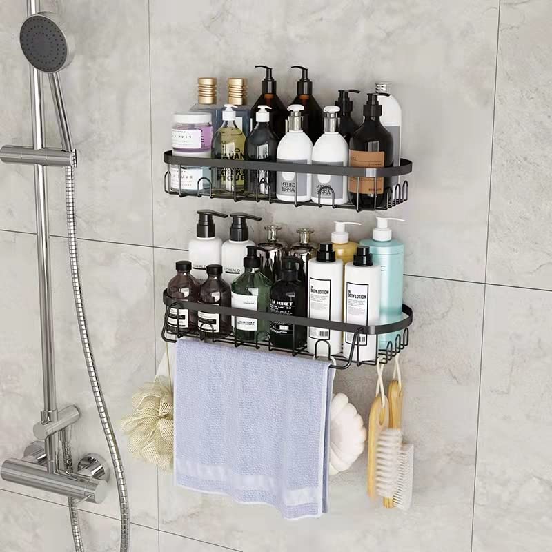 2-Pack Shower Caddy Basket Shelf, Adhesive Matte Black Shower Caddy With Hooks , Stainless Steel No Drilling Shower Shelves, Wall Mounted Shower Organizer for Bathroom, Toilet, Kitchen