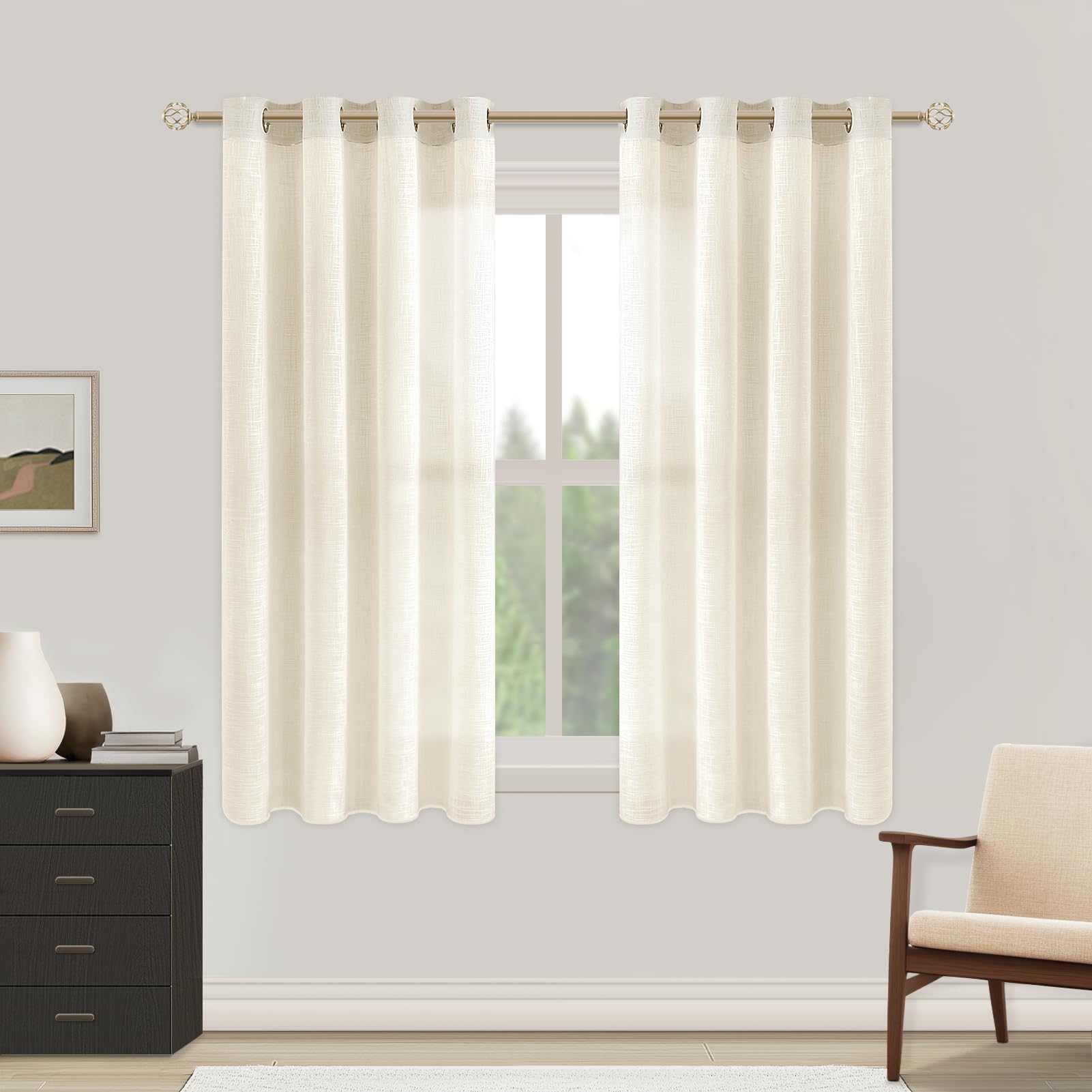 MRTREES Ivory White Linen Textured Voile Eyelet Curtains 57 Drop 2 Panels Short Window Semi Transparent Sheer Curtain Panels for Living Room Bedroom Bay Window Weave Slub Design 140x145cm