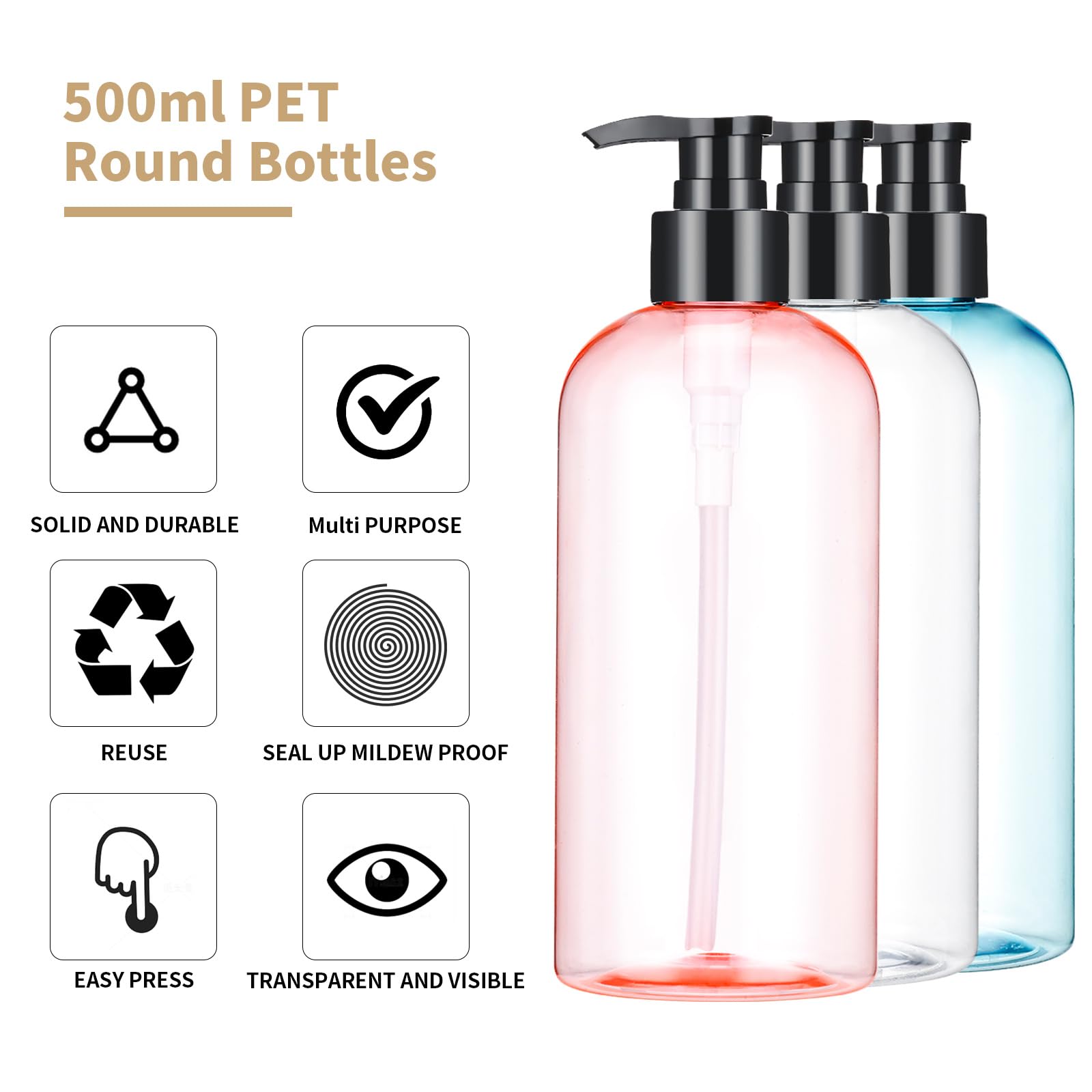 Bynccea Plastic Pump Bottle 16 oz/500 ml Empty Shampoo Pump Bottles Dispenser Portable Pump Bottles for Shampoo and Conditioner Liquid