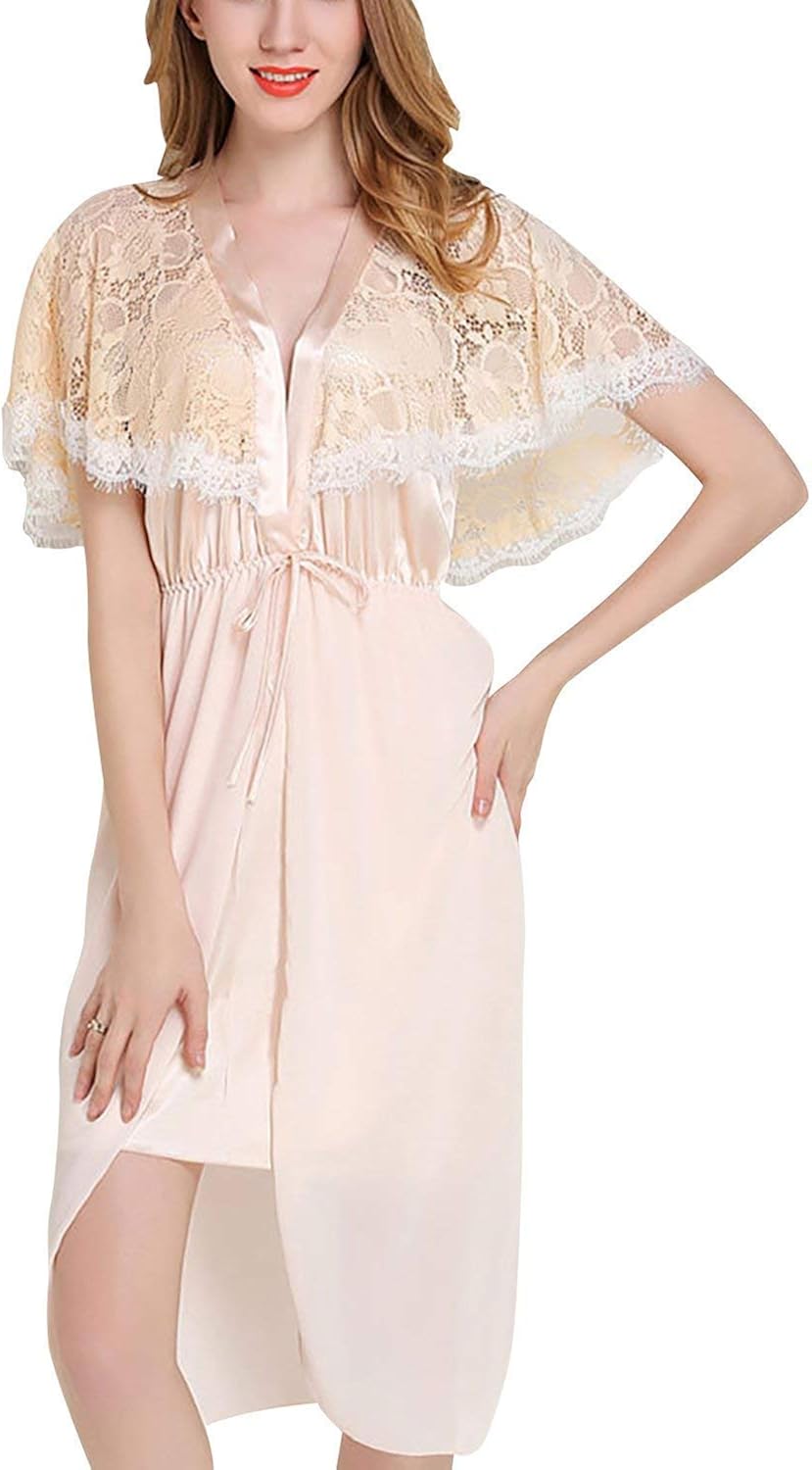 Ladies Satin Nightgown Negliee Lace Chiffon Clothing Sleepshirt Pajamas