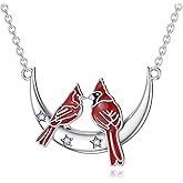 LWXIE Cardinal Necklace with Diamonds 925 Sterling Silver Moon Pendant Red Cardinal Bird Necklace Birthday Jewelry Gifts for Women