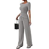 PXIAOLI Asymmetrical women's 2 piece lounge sets short sleeve Outfits Comfy Loungewear Wide Leg Pants Casual summer Matching