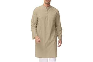 LVCBL Men's Kaftan Robe Long Sleeve Linen Thob Side Split Button Down Thobe Long Tunic Shirts