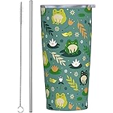 Kaireno Frogs Tumbler Green Lotus Stainless Steel Insulated Tumblers with Lid Straw Reusable Lotus Leaf Floral Coffee Travel Mug Tea Drinking Water Wine Cups Birthday Gifts for Women 20 Oz