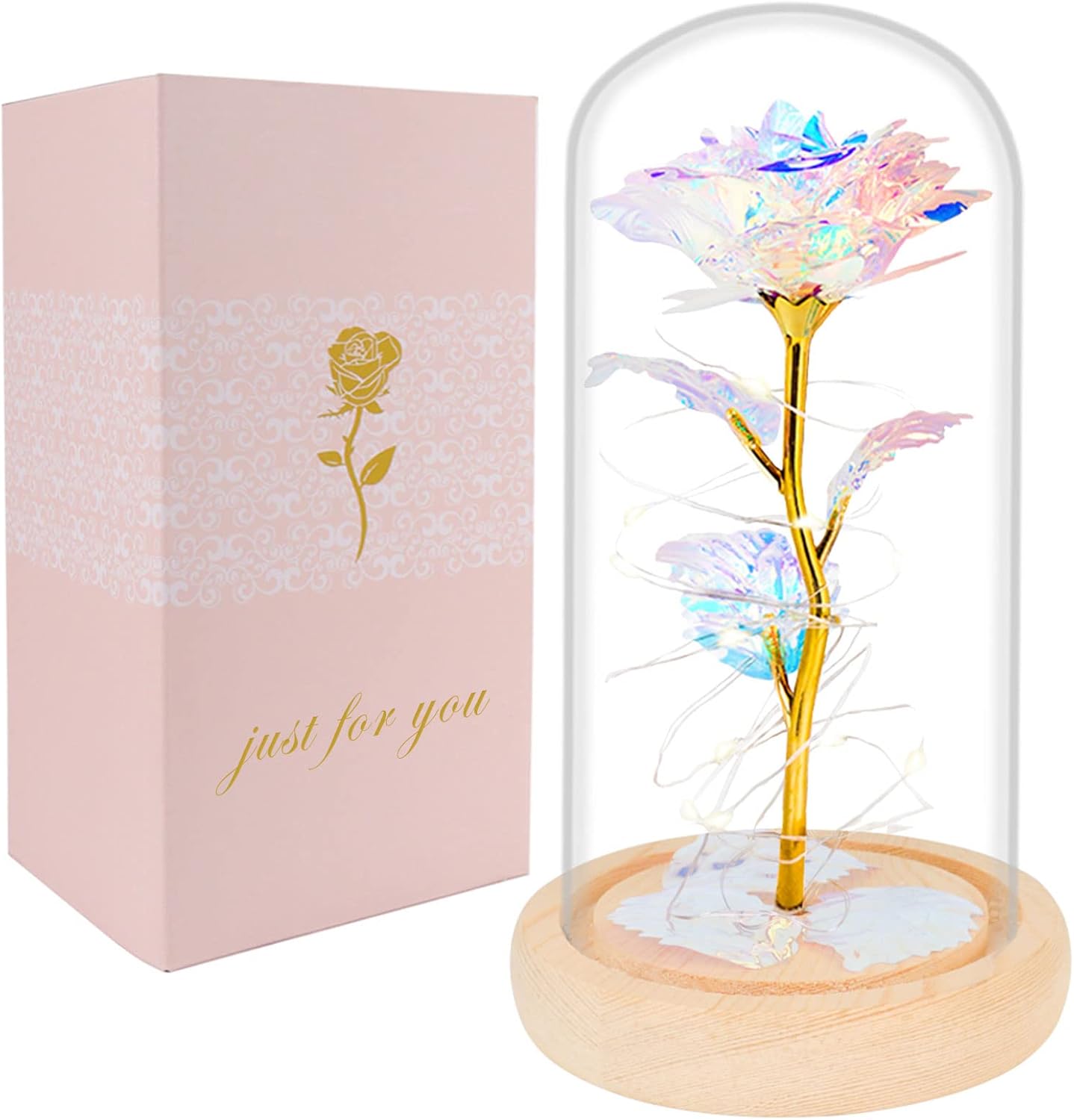 Dried & Preserved Flora - Beferr Gifts for Women, Birthday Gifts Galaxy Glass Rose Crystal Flower Gift Light Up Rose in Glass Dome, Colorful Rainbow Artificial Flower Rose Gifts for Her Mom Grandma Sister Wife Friends