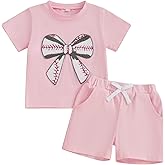Nibbcoa Toddler Baseball Outfit Baby Girl Baseball Bow Embroidery Short Sleeve T Shirt and Shorts Cute Clothes Set