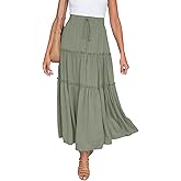 HAEOF Womens Summer Flowy Boho Maxi Skirt Elastic High Waist A Line Pleated Tiered Trendy Beach Long Skirts with Pockets