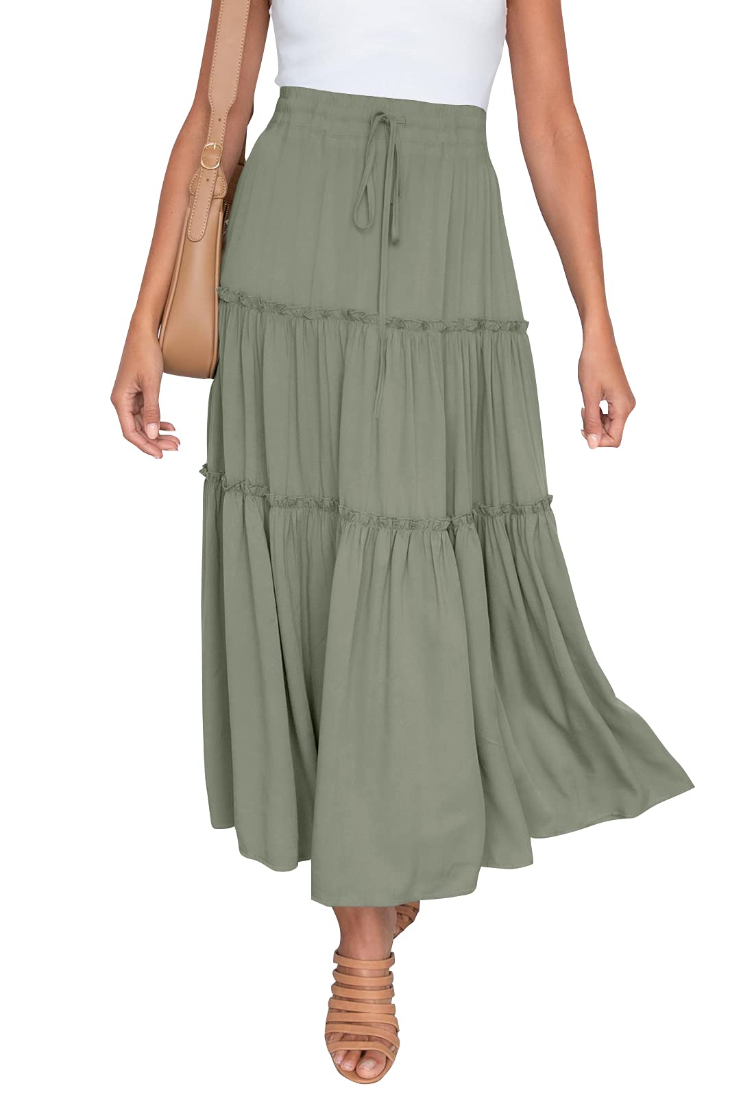 Photo 1 of HAEOF Women's Summer Flowy Boho Maxi Skirt A Line Pleated Tiered Long Skirts with Pockets Fashion Beach Vacation Outfits(Green, L)