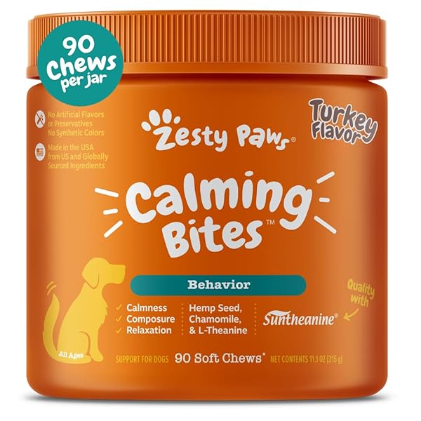 ZESTY PAWS CALMING CHEWS FOR DOGS – FOR EVERYDAY STRESS, RELAXATION, COMPOSURE, AND SEPARATION TURKEY 90 COUNT