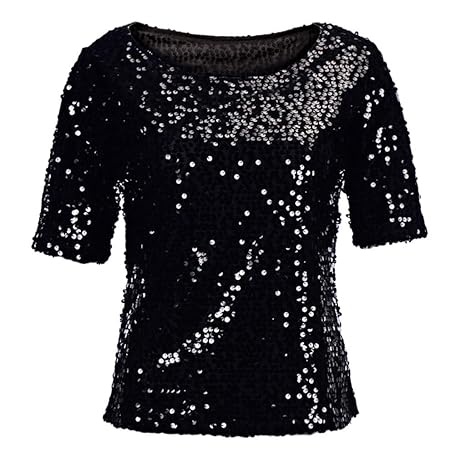VRTUR Damen Bluse Frauen Kurzarm Blingeling Glitzer Pailletten Lose Bluse Batwing T-Shirts Vintage Tops Oberteile Hemd