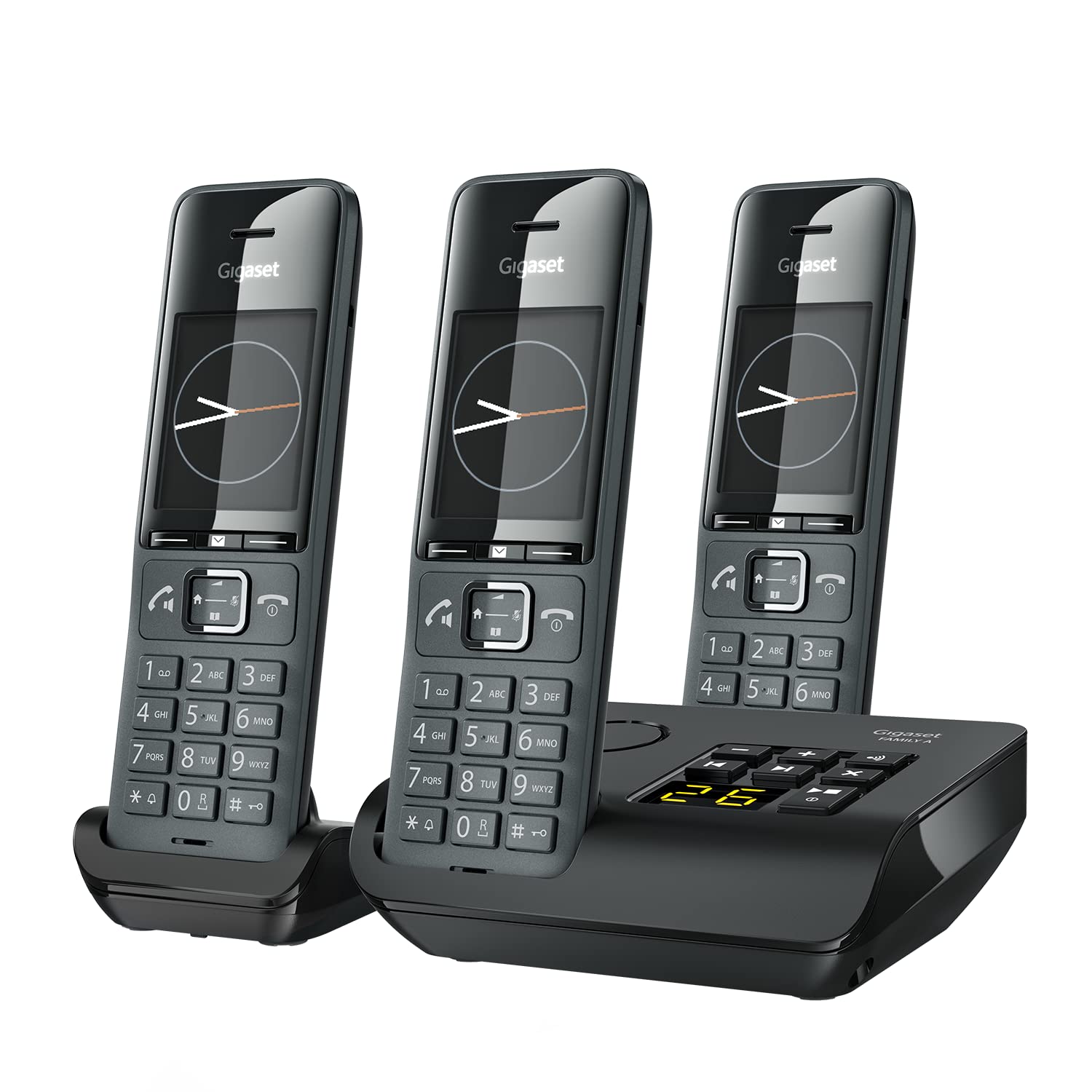 Gigaset Family A Trio - Three Handsets - Cordless DECT Telephone with an Answering Machine - Timeless and Elegant Design, Black [UK Version]