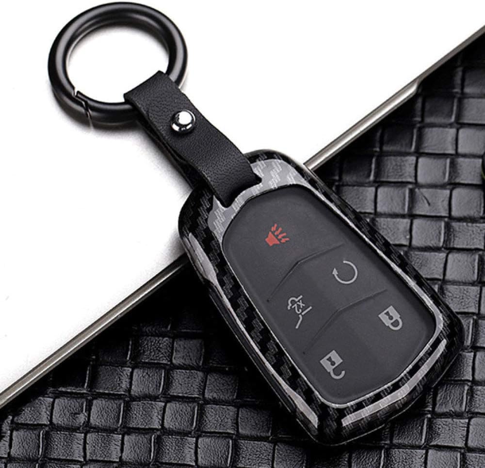 DDZKA Car key cover Wood grain Star Carbon stripe Remote car key case For Cadillac ATS CT6 CTS DTS XT5 Escalade ESV SRX STS XTS ELR 2016 2017 2018,A,Carbon black