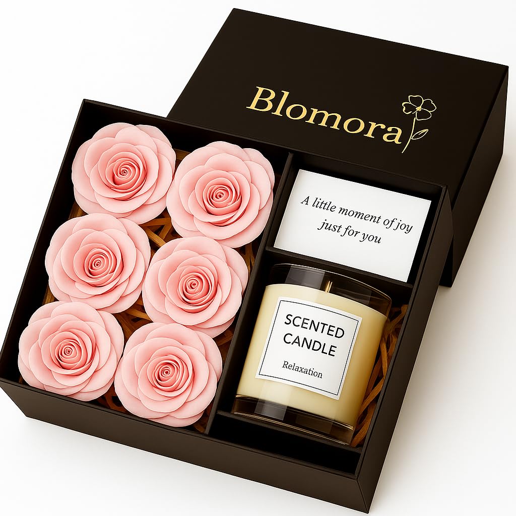 Photo 1 of Blomora Elegant Rose Gift Box with 6 Pink Roses, Candle and Greeting Card Luxury Gift for Women, Birthday, Anniversary, Valentine's Day