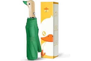 LEAGERA Duck Handle Umbrella Automatic - Collapsible Portable Compact Umbrella Travel Size Wooden Cute Duckhead Umbrellas Duck Gifts for Girls Women