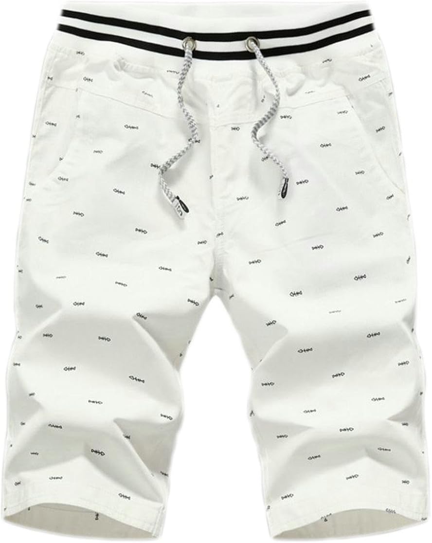 P/&E Mens Elastic Waist Print Drawstring Summer Bermuda Beach Shorts