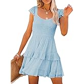 Women Summer Dresses Casual Boho Smocked Ruffle Sun Beach Babydoll Mini Dress Layered Flowy Swing Dress