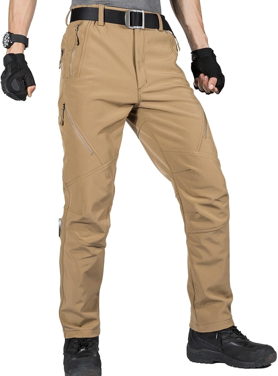 FREE SOLDIER Waterproof Walking Trousers for Men Thermal Fleece Lined Softshell Overtrousers Hiking Trousers Winter Outdoor Tactical Hunting Pants(Mud Color