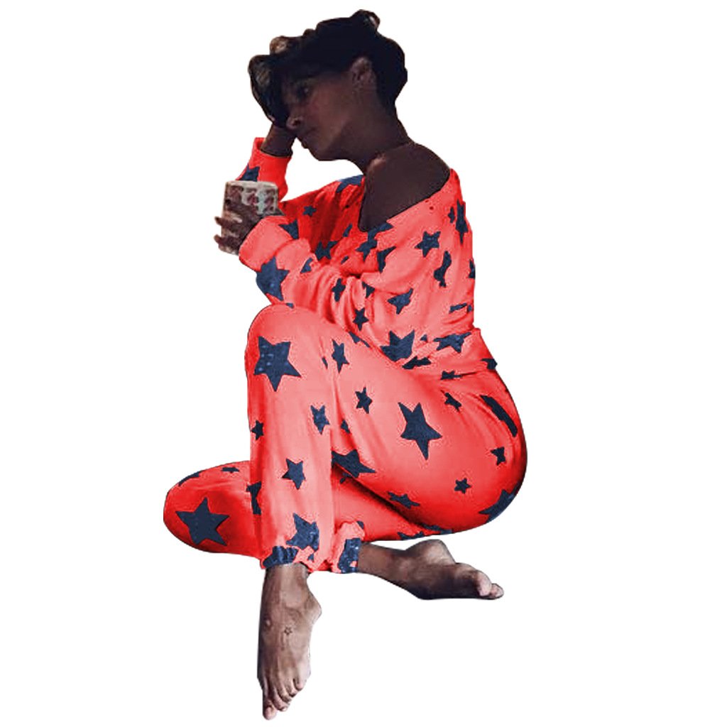 Mycherish Women Round Neck Cotton Flannel Pajamas Two Pieces Set with Star Pattern XX-Large Red