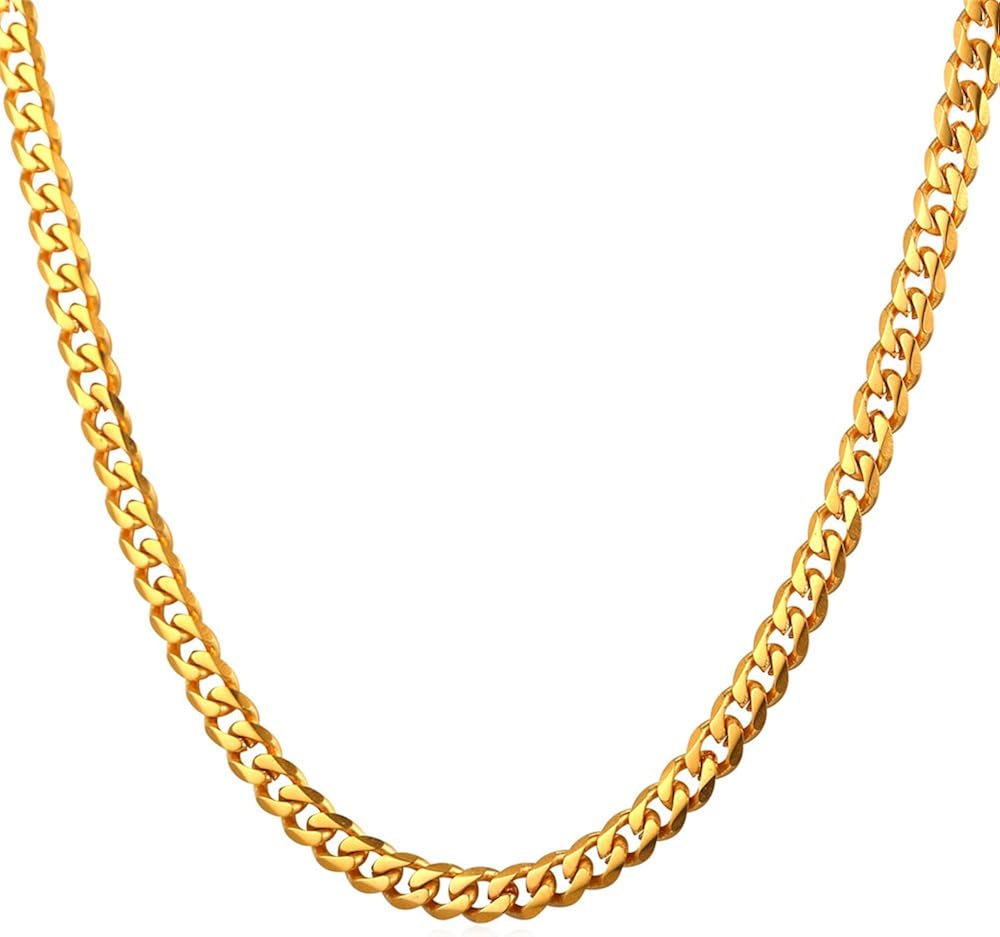 U7 Solid Gold Curb Link Necklace 18K Gold Plated Stainless Steel Minimalist Rapper Jewelry 3mm Cuban Chain 22 Inch | 