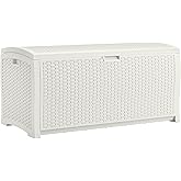 Suncast 99 Gallon Wicker Horizontal Outdoor Deck Box with Hinged Lid, Water-Resistant Storage Solution for Patio, Deck, Yard, and Garage, White, Made in the USA