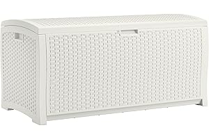 Suncast 99 Gallon Wicker Horizontal Outdoor Deck Box with Hinged Lid, Water-Resistant Storage Solution for Patio, Deck, Yard, and Garage, White, Made in the USA