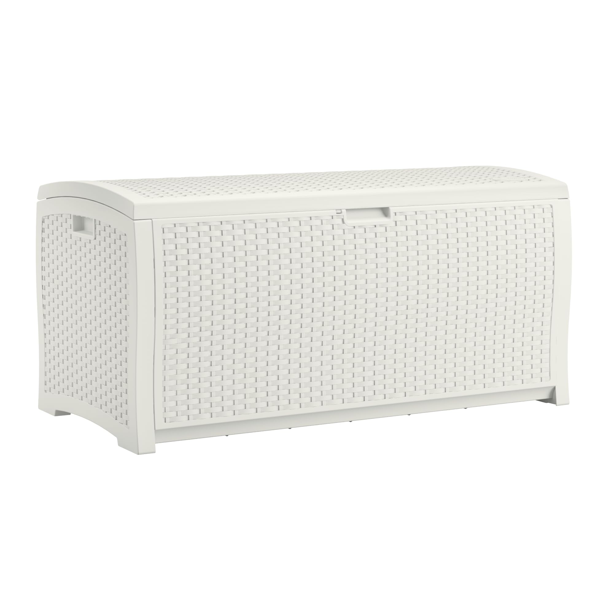 Suncast 99 Gallon Wicker Horizontal Outdoor Deck Box with Hinged Lid, Water-Resistant Storage Solution for Patio, Deck, Yard, and Garage, White, Made in the USA Image