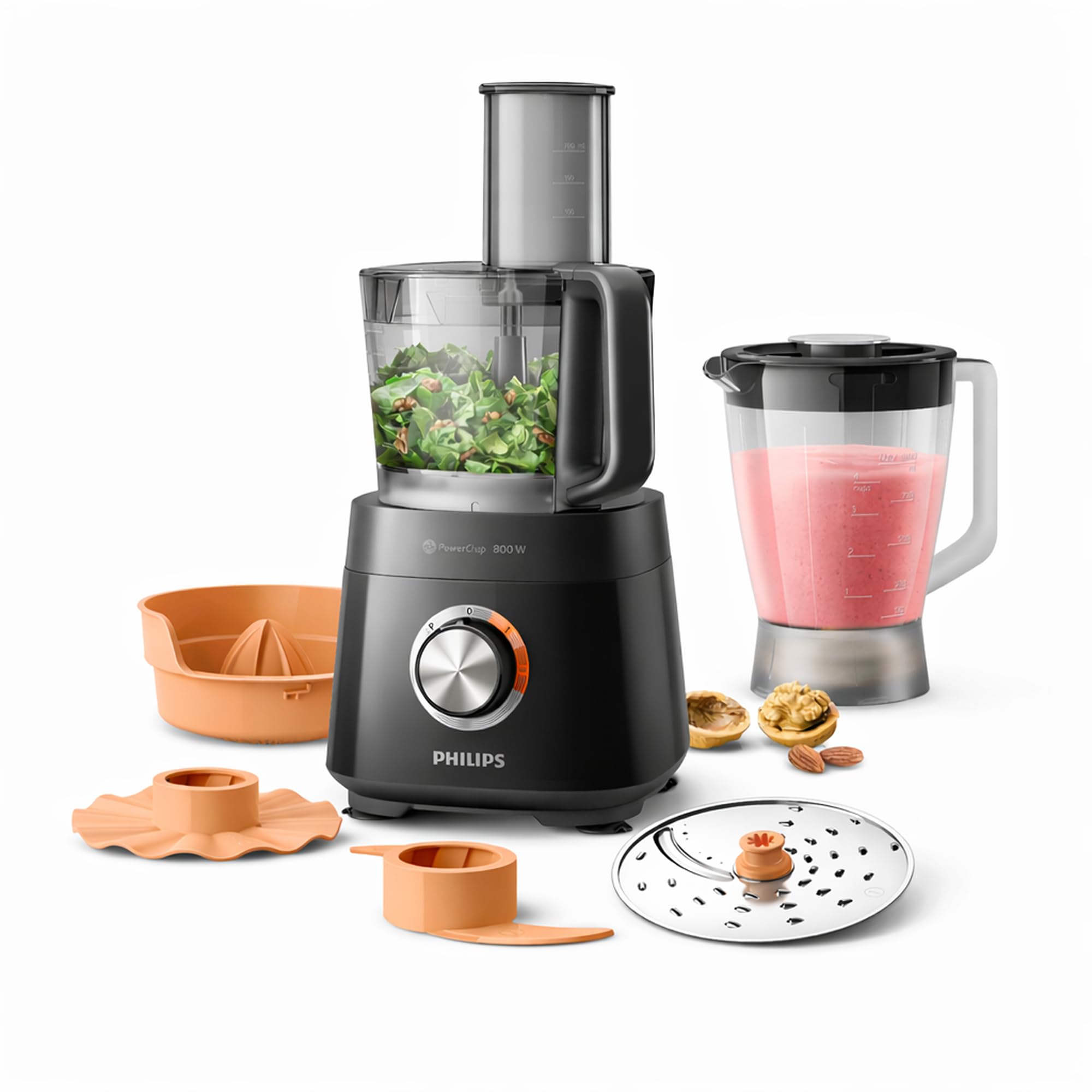 Philips Viva Collection Kompakte Küchenmaschine - Kompakt, 800W Motor, 29 Funktionen, PowerChop, 2-in-1 Scheibe, Zitruspresse, Einfacher Zusammenbau, 1,5L Schüssel (HR7510/10)