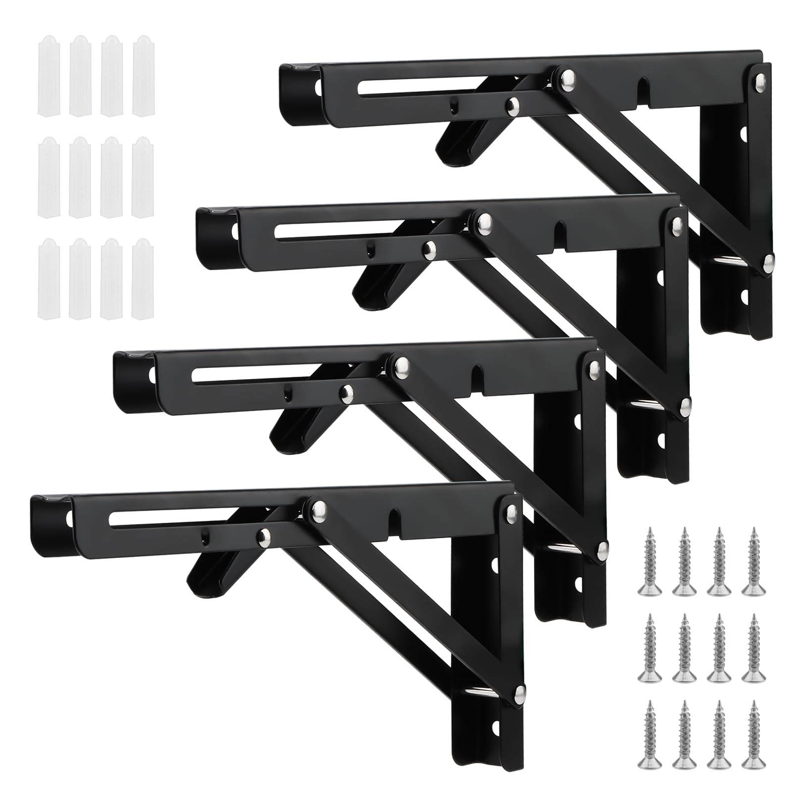 MANCHAP 4 PCS 10 Inch Black Folding Shelf Brackets, Metal Wall Mounted Triangle Bracket for Kitchen, Office, Home