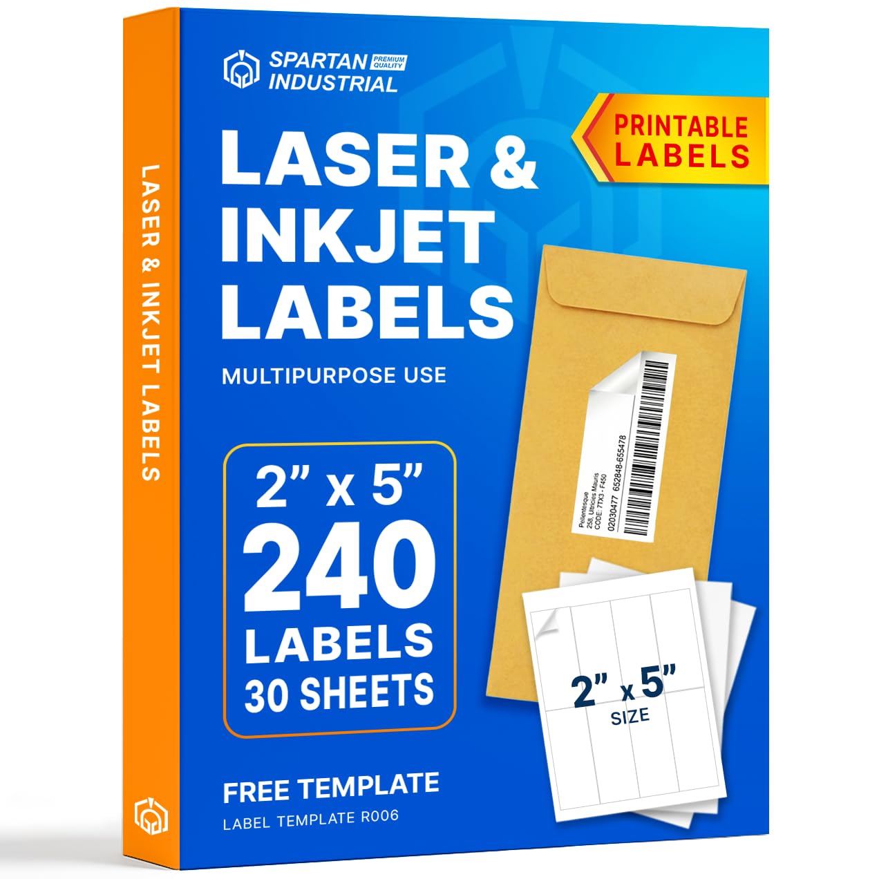 Photo 1 of 2" X 5" Matte White Printable Labels for Inkjet and Laser Printers - 30 Sheets, 240 Total Custom Stickers for Name Tags, Address Labels, Shipping and Mailing - Spartan Industrial Template R006