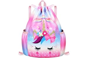 RHCPFOVR Drawstring Backpack for Kids - Unicorn Bags for Girls Mini Gym Dance Beach Swim Travel Bag With Two Water Bottle Holder