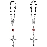 BWBWND 2PCS Car Rosary for Rearview Mirror, Rear View Mirror Charm Blessing Beads Pendant Interior Decor, Personalized Medal and Cross Car Hanging Accessories for Women Men (Black)