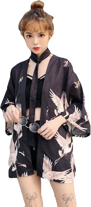 Amazon Aozuoレディース カーディガン ｖネック 薄手 和式コート トップス 可愛い 鶴付け レース付け コーディネート 七分袖 アウター 秋 ゆったり カジュアル フェミニン 韓国風ブラック カーディガン ボレロ 通販