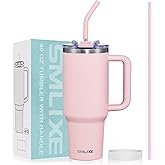 SMLIXE 40 oz Tumbler with Handle and Straw Lid,Insulated Reusable Stainless Steel Water Bottle Travel Mug，Cupholder Friendly Double Wall Vacuum Sealed Cup (Pink)