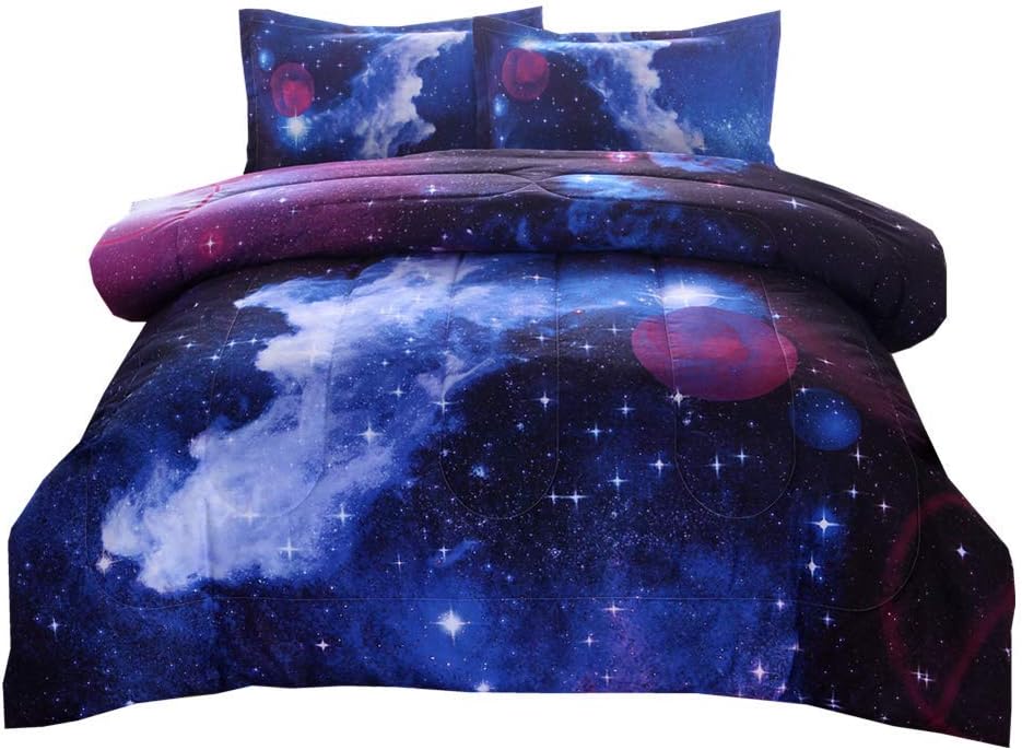 PomCo Galaxy Comforter Full (79x90 Inch), 3Pcs(1 Galaxy Comforter & 2 Pillowcases) 3D Space Outer Sky Microfiber Bedding Set, Universe Cloud Galaxy Comforter Set for Boy Girl Teen Kid Adult