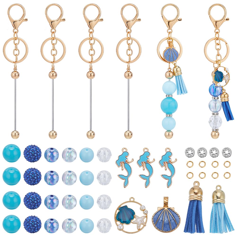SUNNYCLUE 72Pcs DIY 6 Sets Beadable Keychain Kit Blue Resin Rhinestone Large Beads 20mm Bubblegum Beads Keychain Bars Blanks Enamel Mermaid Sea Shell Charms Interchangeable Key Chain Set for Women