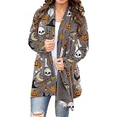 BOUTIKOME Women's Halloween Cat Pumpkin Cardigan Long Sleeve Open Front Knit Outwear Over Coats Plus Size Knit Sweater Top